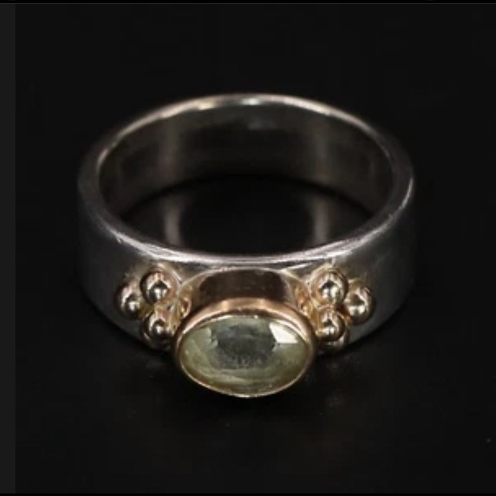 Vintage Sterling Silver &14k Gold Prasiolite Ring